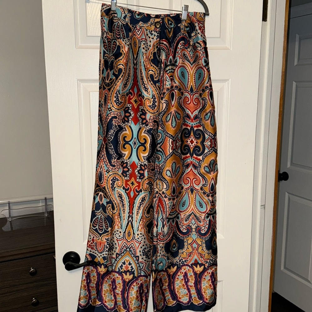 Printed Silk Wide Pants w Pockets